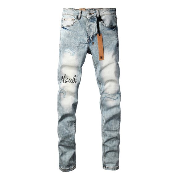 Ksubi Light Blue Ripped Brand Logo Embroidered Jeans